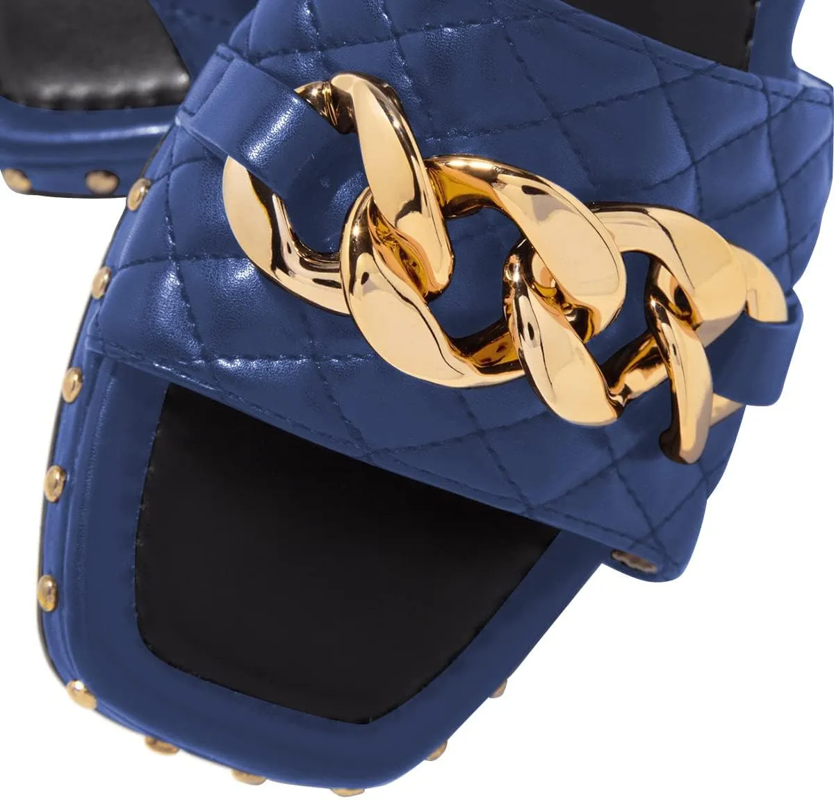 FSJ Women Sexy Square Open Toe Comfortable Flat Thick Sole Cushion Sandals Fashion Gold Chain Style Slip On Slides Checkered Strap Studded Daily Ladies Summer Shoes Size 4-15 US