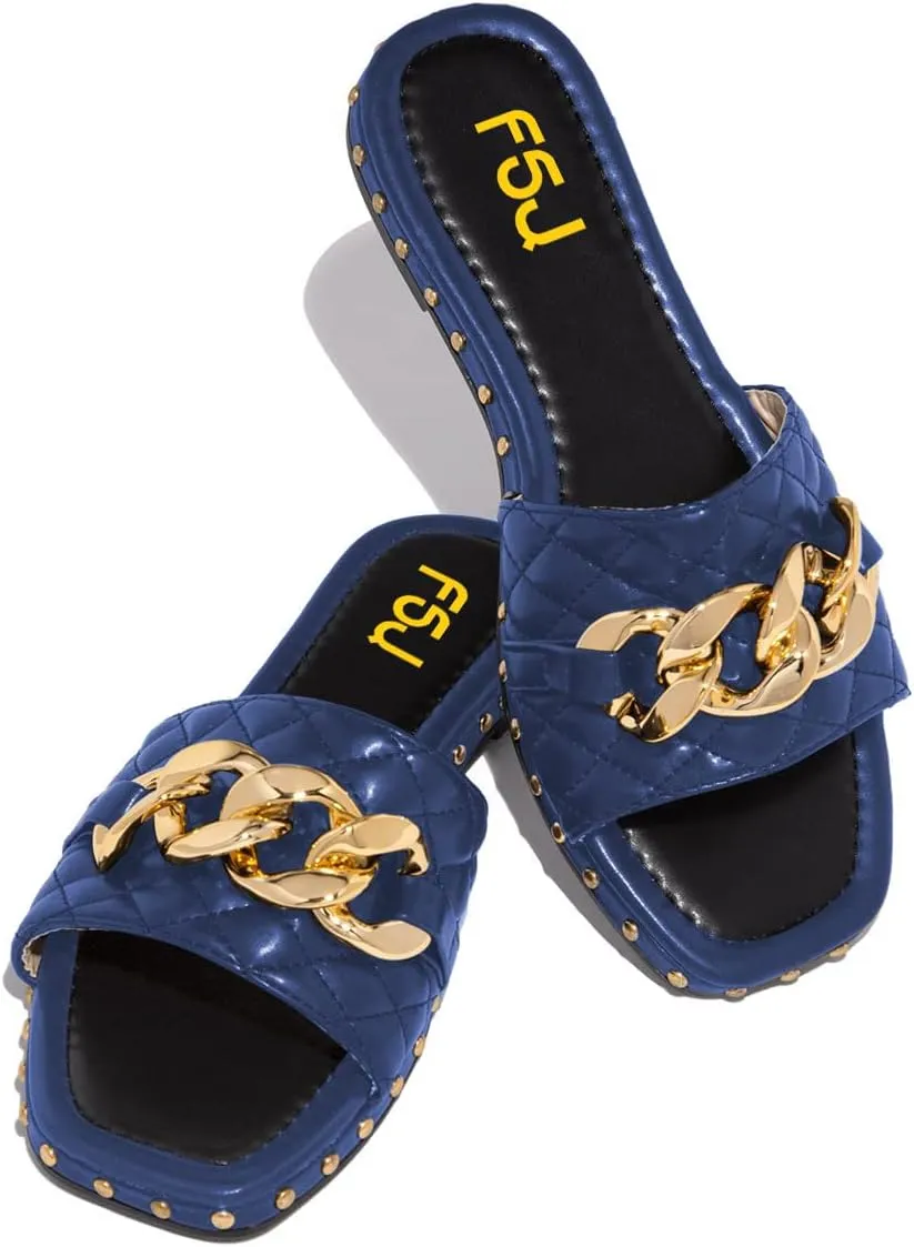 FSJ Women Sexy Square Open Toe Comfortable Flat Thick Sole Cushion Sandals Fashion Gold Chain Style Slip On Slides Checkered Strap Studded Daily Ladies Summer Shoes Size 4-15 US