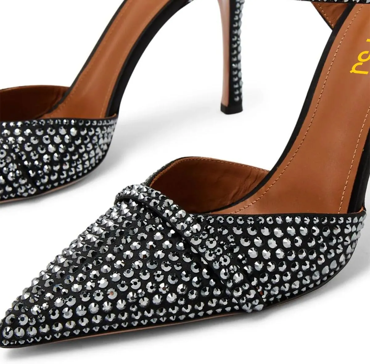 FSJ Women Sexy Stiletto High Heels Mule Rhinestones Strappy Slide Pumps Slip On Pointed Closed Toe Backless Sandals Wedding Party Dress Shoes Size 4-16 US