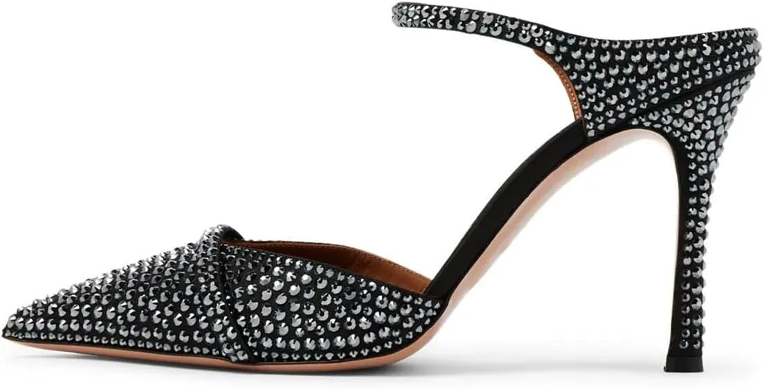 FSJ Women Sexy Stiletto High Heels Mule Rhinestones Strappy Slide Pumps Slip On Pointed Closed Toe Backless Sandals Wedding Party Dress Shoes Size 4-16 US