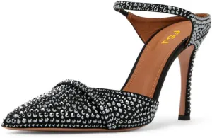 FSJ Women Sexy Stiletto High Heels Mule Rhinestones Strappy Slide Pumps Slip On Pointed Closed Toe Backless Sandals Wedding Party Dress Shoes Size 4-16 US