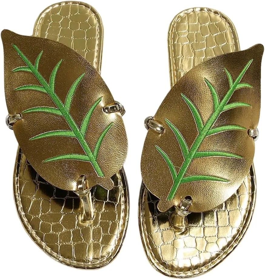 GORGLITTER Women's Metallic Leaf Flip Flops Open Toe Slip on Thong Slides Vacation Flat Sandals