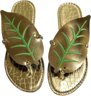 GORGLITTER Women's Metallic Leaf Flip Flops Open Toe Slip on Thong Slides Vacation Flat Sandals