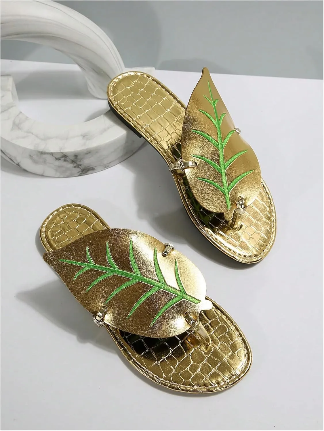 GORGLITTER Women's Metallic Leaf Flip Flops Open Toe Slip on Thong Slides Vacation Flat Sandals