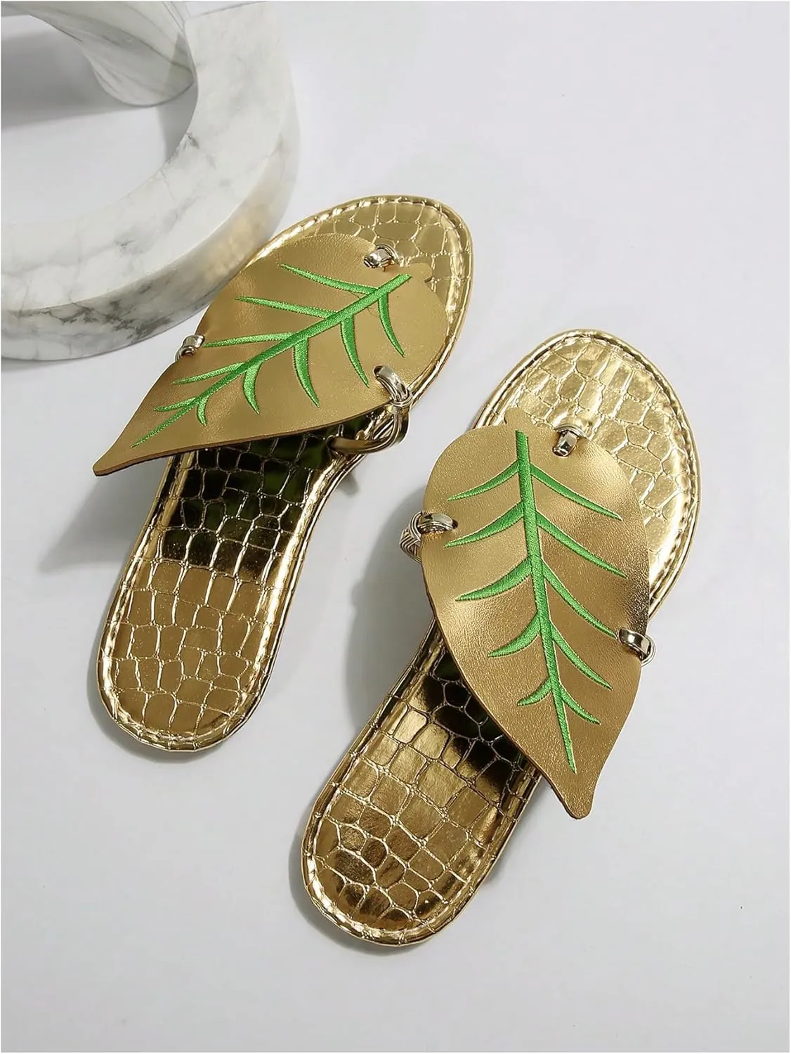 GORGLITTER Women's Metallic Leaf Flip Flops Open Toe Slip on Thong Slides Vacation Flat Sandals