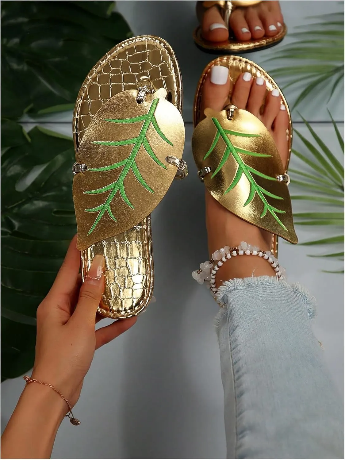 GORGLITTER Women's Metallic Leaf Flip Flops Open Toe Slip on Thong Slides Vacation Flat Sandals