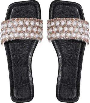 GORGLITTER Women's Pearls Flat Sandals Square Open Toe Rhinestone Dressy Summer Slip on Slide Sandals