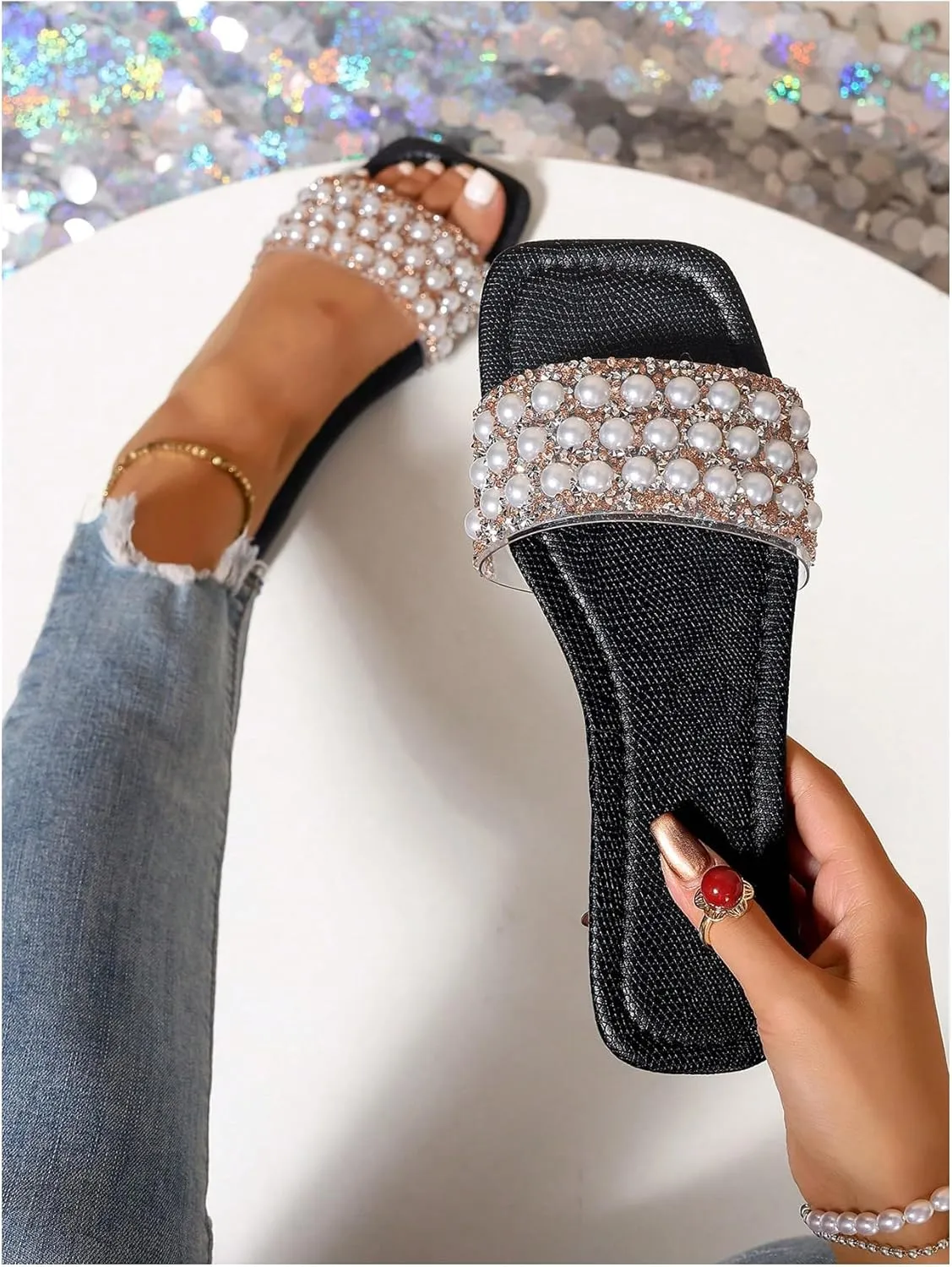GORGLITTER Women's Pearls Flat Sandals Square Open Toe Rhinestone Dressy Summer Slip on Slide Sandals