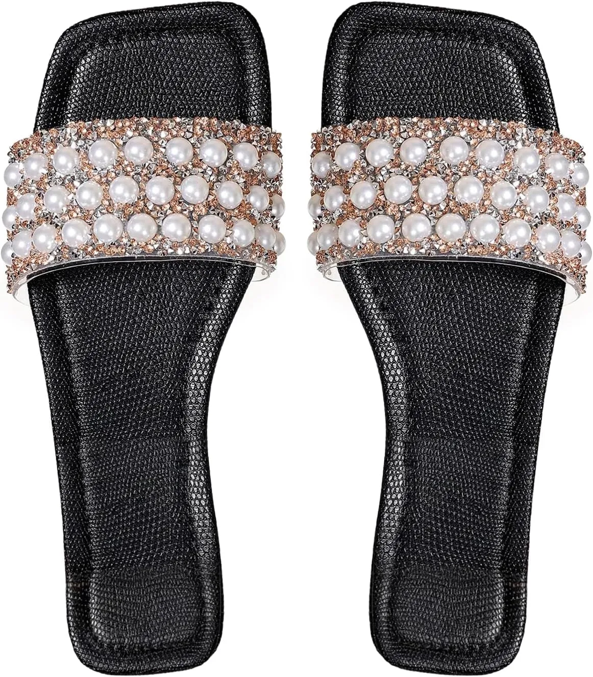 GORGLITTER Women's Pearls Flat Sandals Square Open Toe Rhinestone Dressy Summer Slip on Slide Sandals
