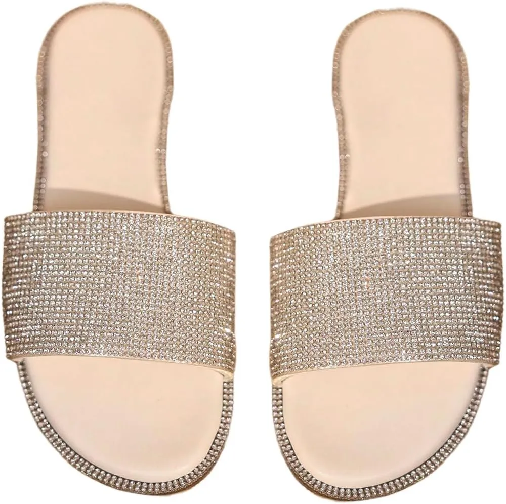 GORGLITTER Women's Rhinestone Sandals Dress Slip on Flip Flops Flat Summer Open Toe Slides Sandal