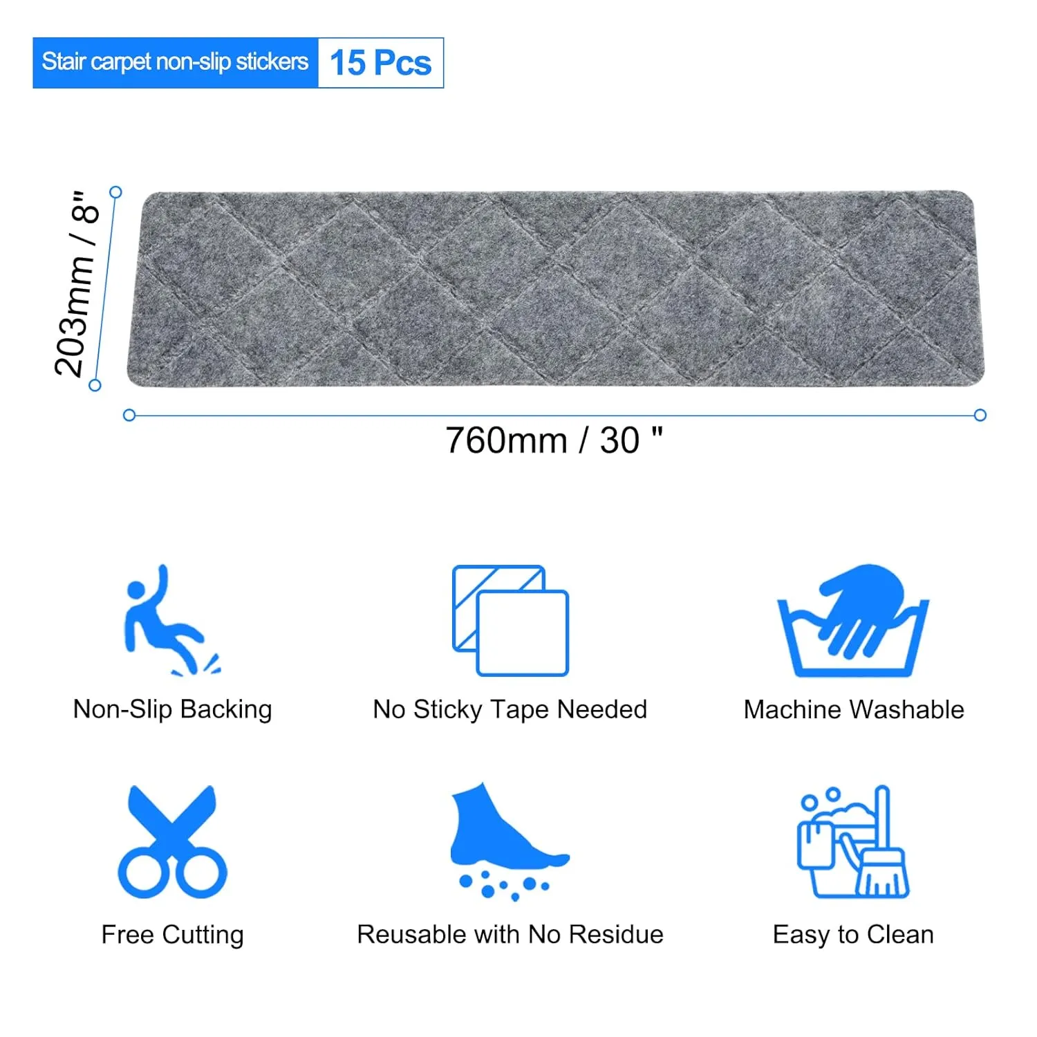 HARFINGTON Non Slip Stair Treads 15Packs 8"x30" Slip Resistant Indoor Runner Carpet Mat for Indoor Wooden Stairs, Gray