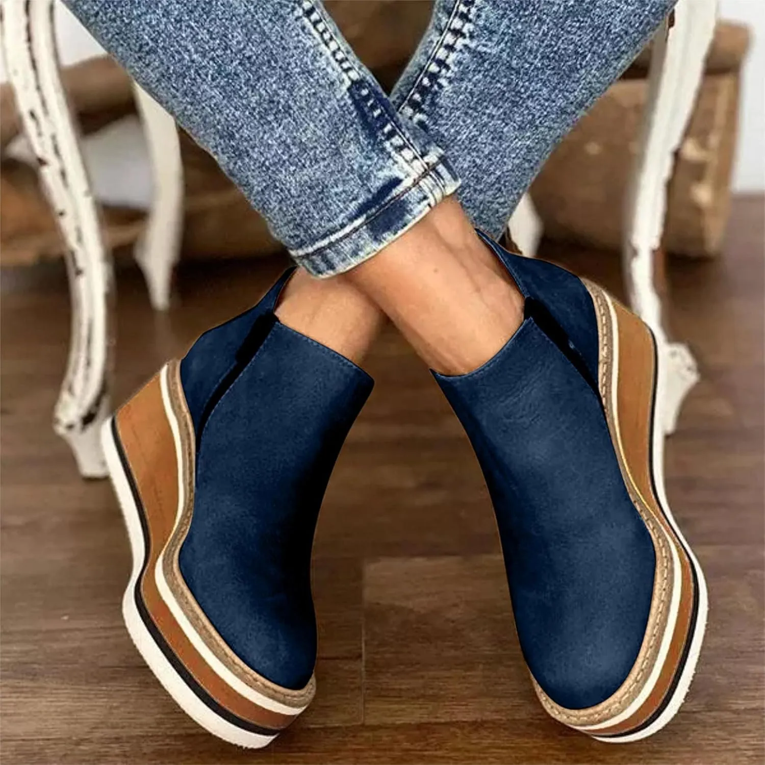 Hbeylia Platform Wedge Ankle Booties For Women Ladies Fashion Casual Leather Round Toe Chunky Bottom High Heels Ankle Boots High Top Fashion Sneakers Walking Shoes Winter Fall Dress Short Boots