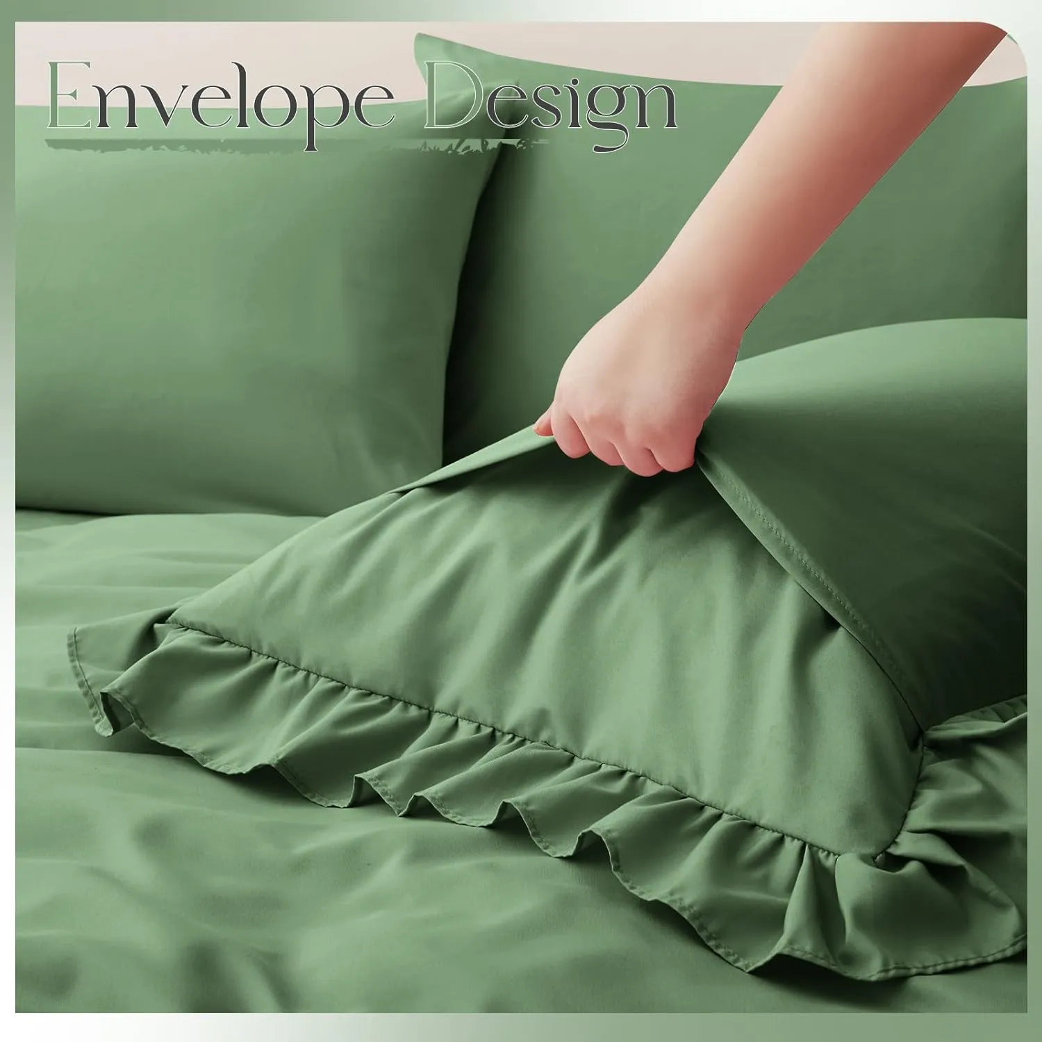 Horbaunal Sage Green Ruffle Sheets Full Size 6 Piece, Fits 16" Deep Mattress, Microfiber Green Full Sheets with 2 Ruffled Pillowcases, Shabby Chic Bed Sheet Set