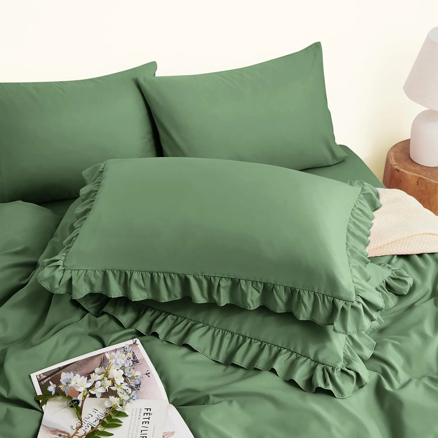 Horbaunal Sage Green Ruffle Sheets Full Size 6 Piece, Fits 16" Deep Mattress, Microfiber Green Full Sheets with 2 Ruffled Pillowcases, Shabby Chic Bed Sheet Set