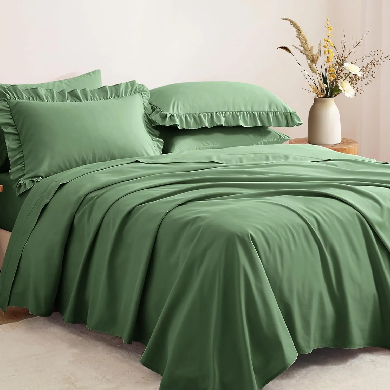 Horbaunal Sage Green Ruffle Sheets Full Size 6 Piece, Fits 16" Deep Mattress, Microfiber Green Full Sheets with 2 Ruffled Pillowcases, Shabby Chic Bed Sheet Set