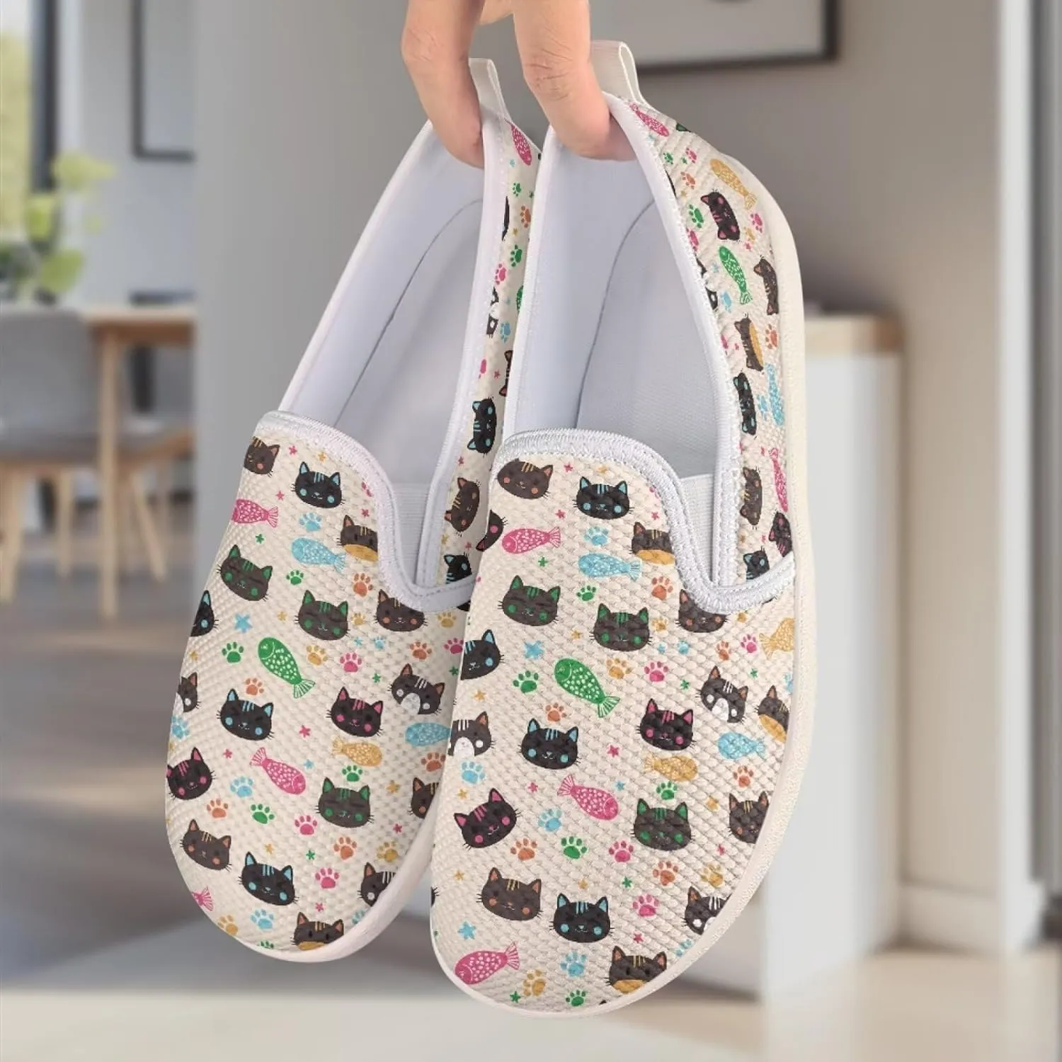 Howilath Cats Pattern Flat Shoes for Women Slip on Sneakers Lightweight Anti-Skid No Laces Running Sneakers