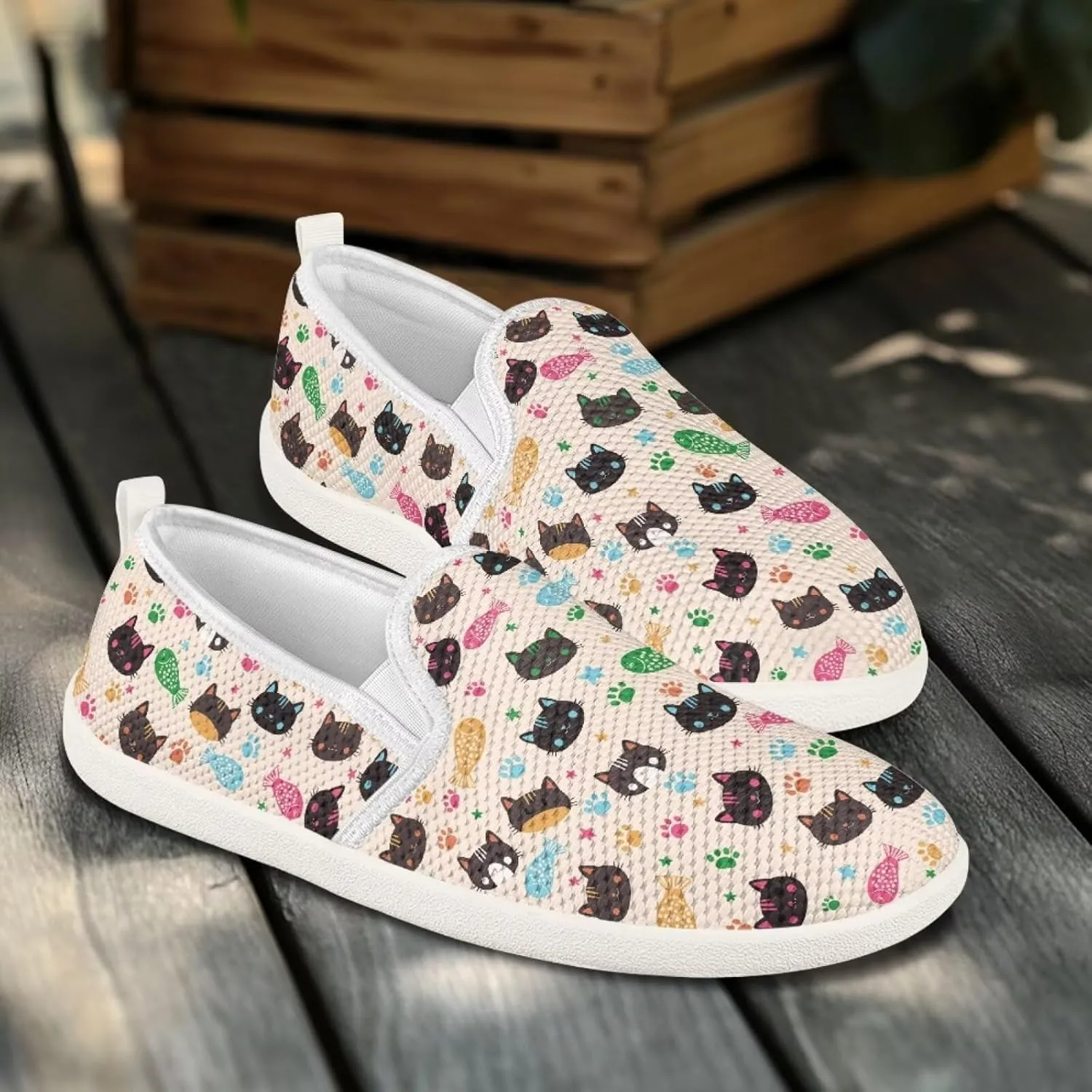Howilath Cats Pattern Flat Shoes for Women Slip on Sneakers Lightweight Anti-Skid No Laces Running Sneakers