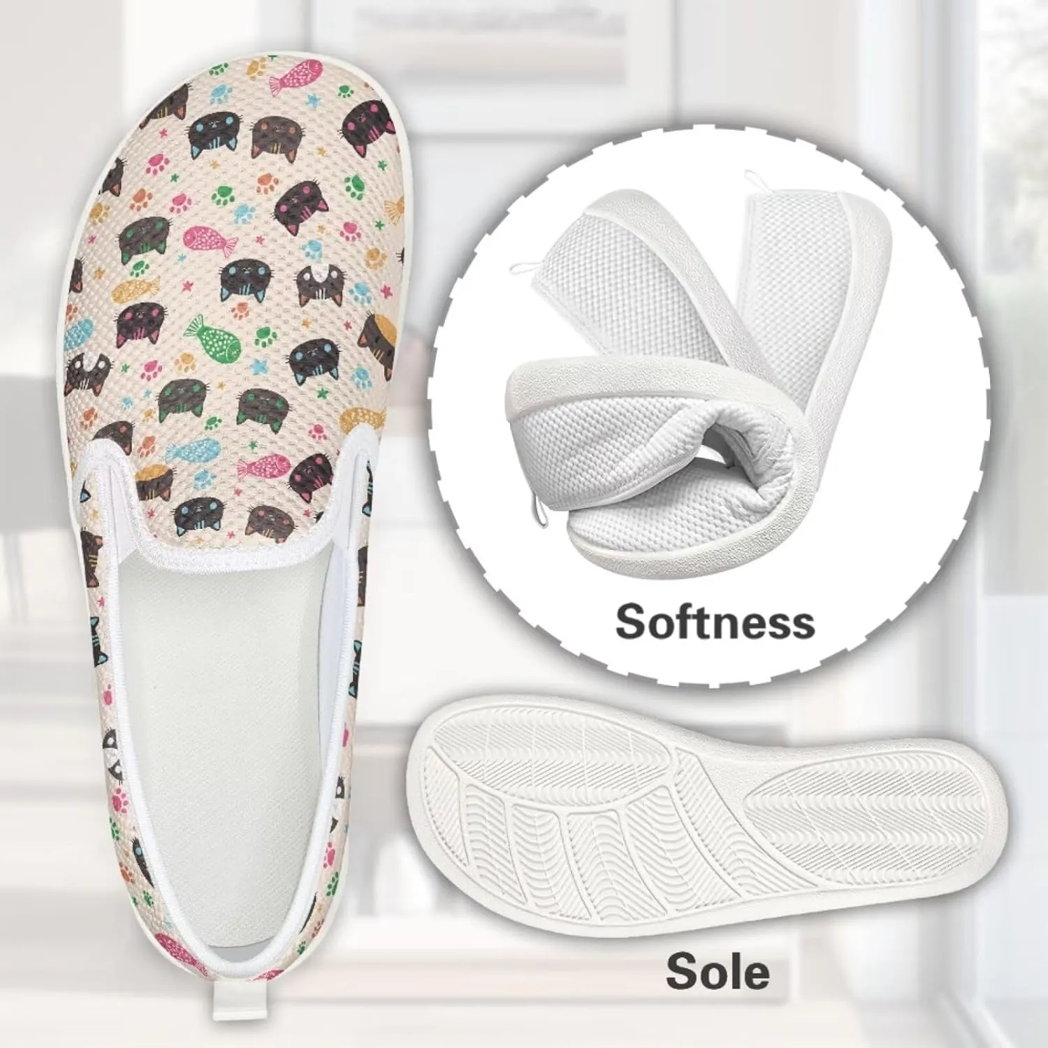 Howilath Cats Pattern Flat Shoes for Women Slip on Sneakers Lightweight Anti-Skid No Laces Running Sneakers
