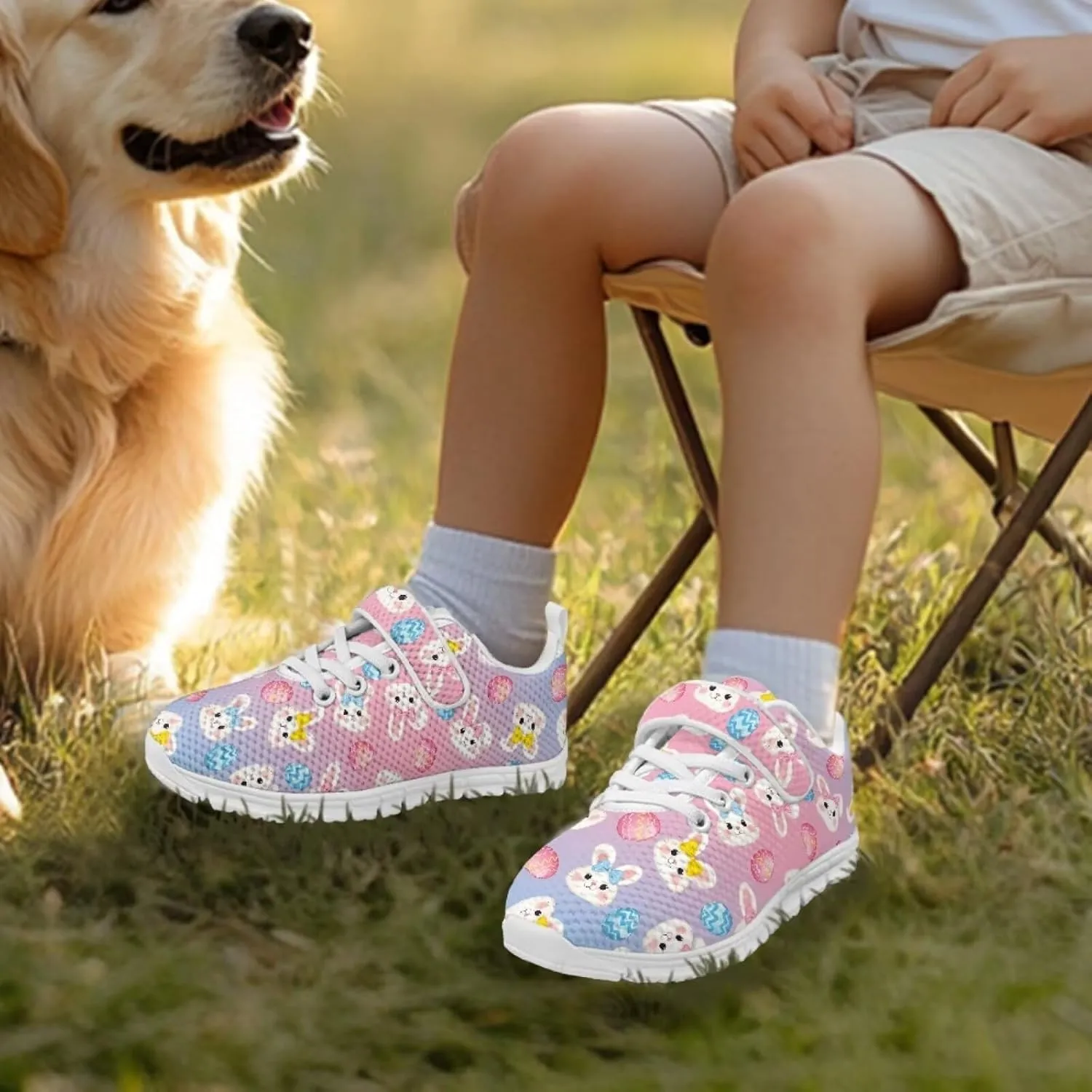 Howilath Easter Bunny Print Kids Sneakers for Boys Girls Mesh Sneakers Sports Tennis Shoes with Non-Slip Sole