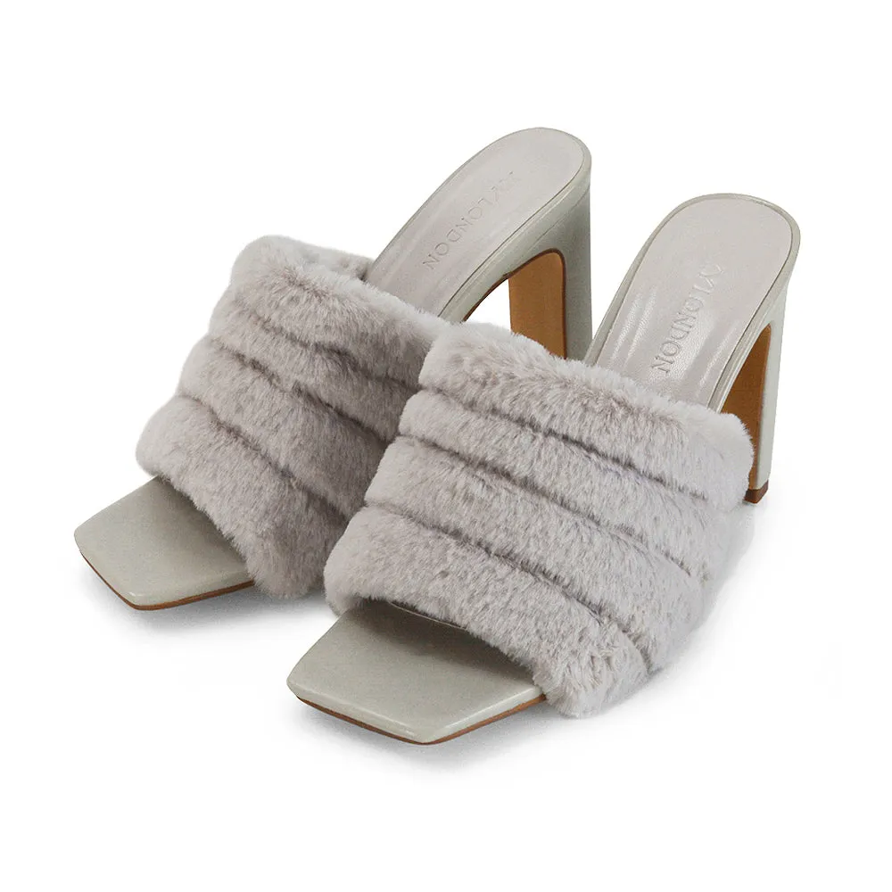 Hunter Fluffy Faux Fur Front Strap Square Toe High Slim Block Heel Mules in Black