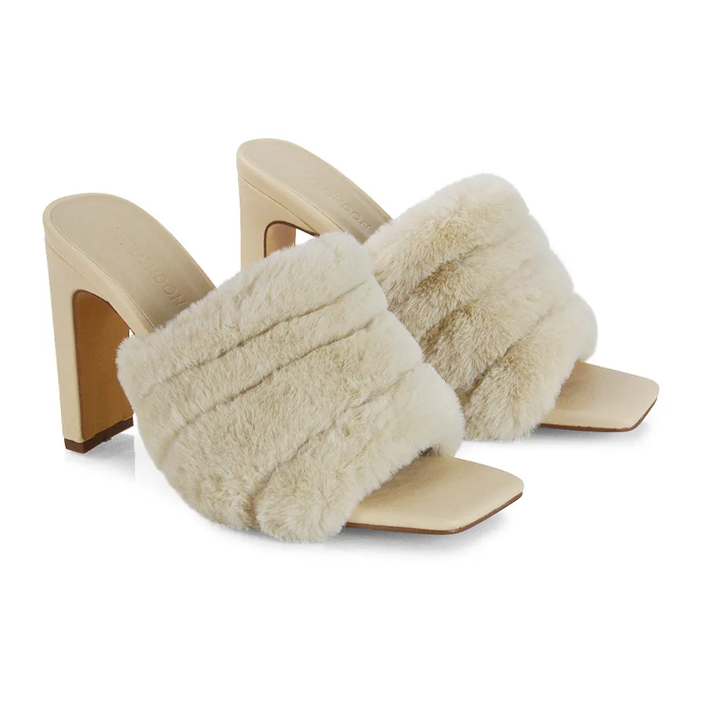 Hunter Fluffy Faux Fur Front Strap Square Toe High Slim Block Heel Mules in Black
