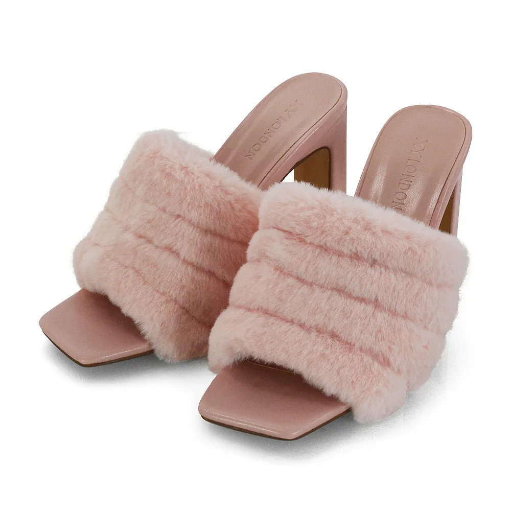 Hunter Fluffy Faux Fur Front Strap Square Toe High Slim Block Heel Mules in Black