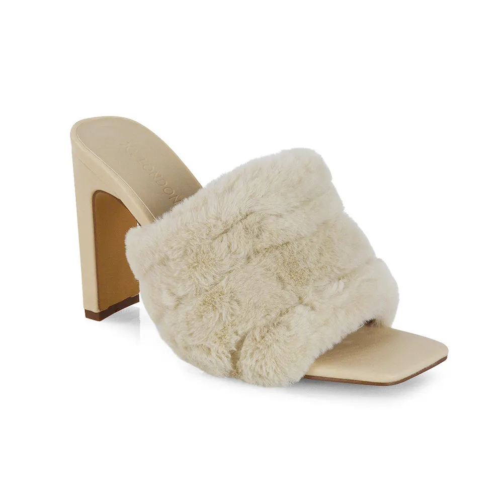 Hunter Fluffy Faux Fur Front Strap Square Toe High Slim Block Heel Mules in Black