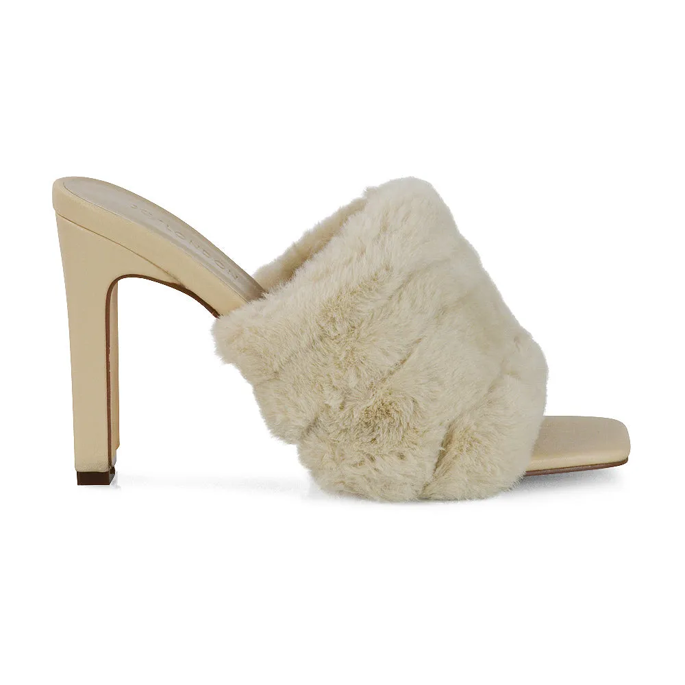 Hunter Fluffy Faux Fur Front Strap Square Toe High Slim Block Heel Mules in Black