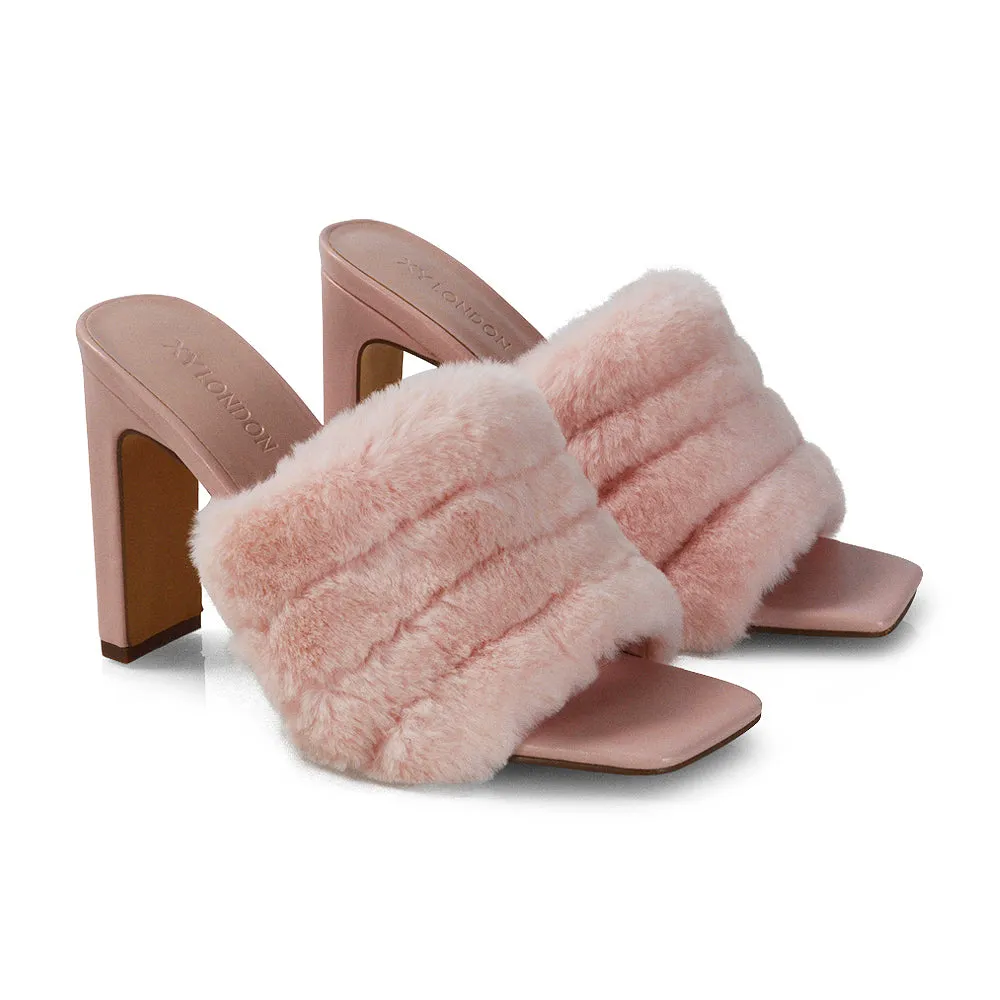 Hunter Fluffy Faux Fur Front Strap Square Toe High Slim Block Heel Mules in Black