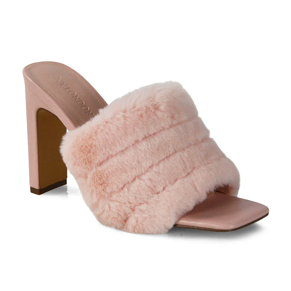Hunter Fluffy Faux Fur Front Strap Square Toe High Slim Block Heel Mules in Black