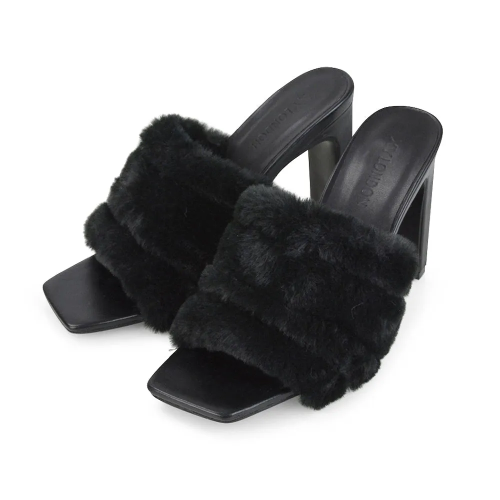 Hunter Fluffy Faux Fur Front Strap Square Toe High Slim Block Heel Mules in Black