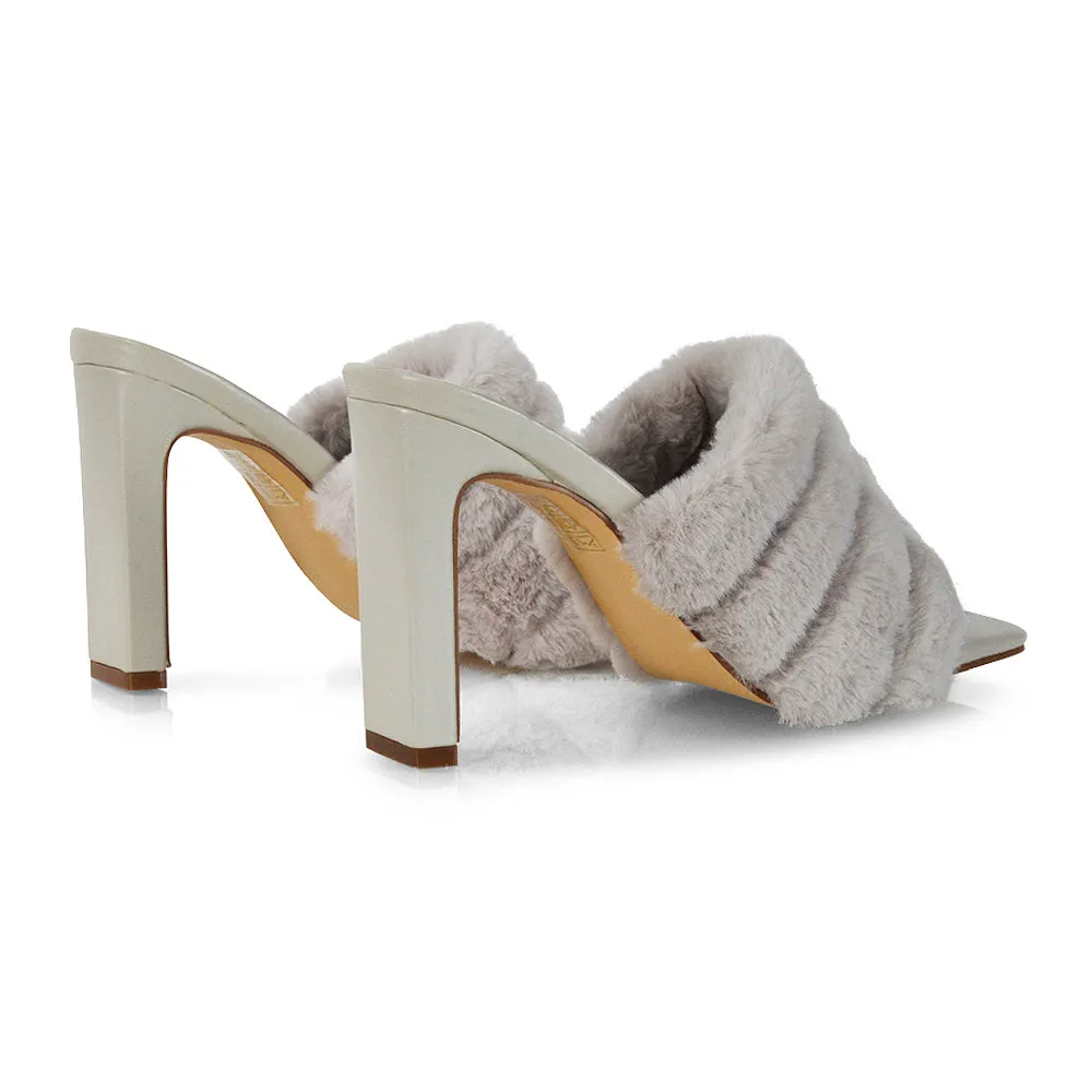 Hunter Fluffy Faux Fur Front Strap Square Toe High Slim Block Heel Mules in Black