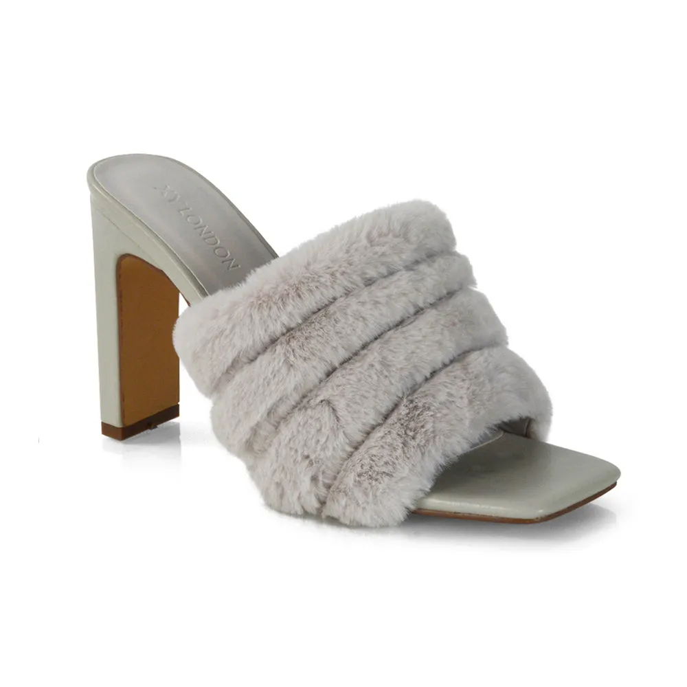 Hunter Fluffy Faux Fur Front Strap Square Toe High Slim Block Heel Mules in Black