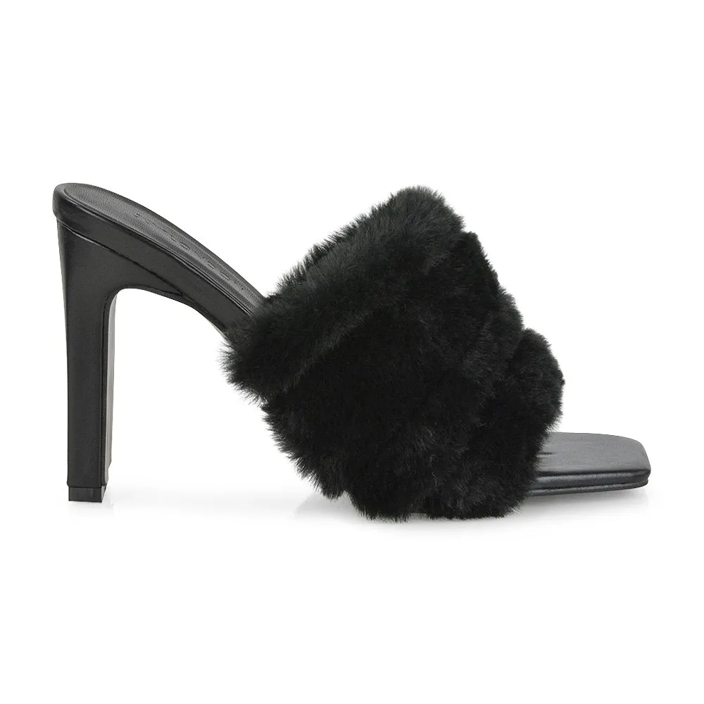 Hunter Fluffy Faux Fur Front Strap Square Toe High Slim Block Heel Mules in Black