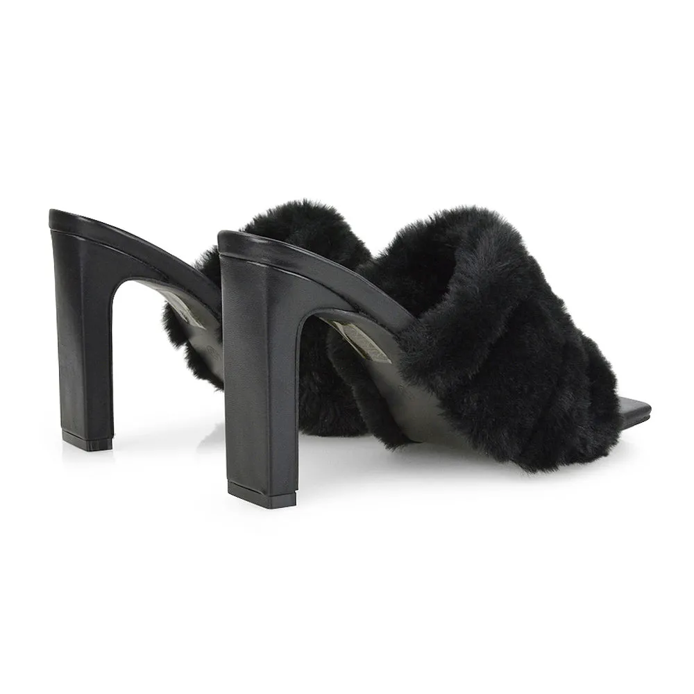 Hunter Fluffy Faux Fur Front Strap Square Toe High Slim Block Heel Mules in Black