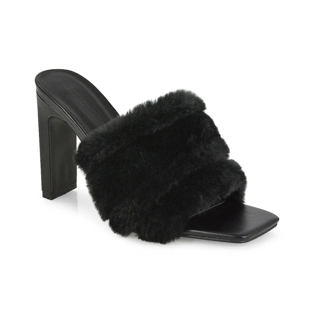 Hunter Fluffy Faux Fur Front Strap Square Toe High Slim Block Heel Mules in Black
