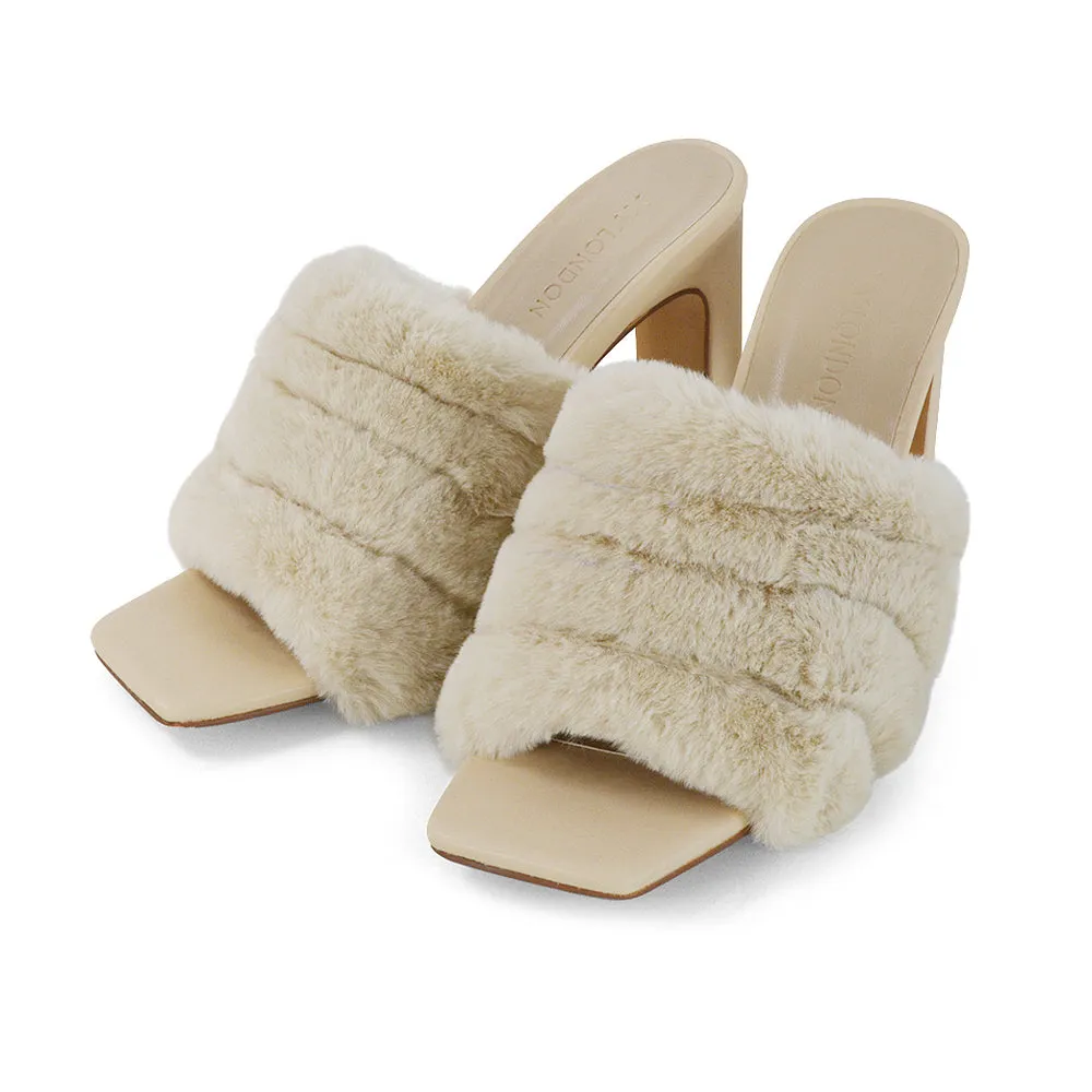 Hunter Fluffy Faux Fur Front Strap Square Toe High Slim Block Heel Mules in Black