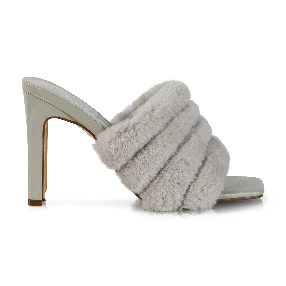 Hunter Fluffy Faux Fur Front Strap Square Toe High Slim Block Heel Mules in Grey