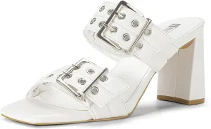 IDIFU IN3 Square Open Toe Heels Double Buckle Slip On Chunky Low Block Short Heel Sandals for Women Summer Trendy Comfortable Fashion Party Prom Dress Shoes Eyelets Belt Strap Slide Mule Heels