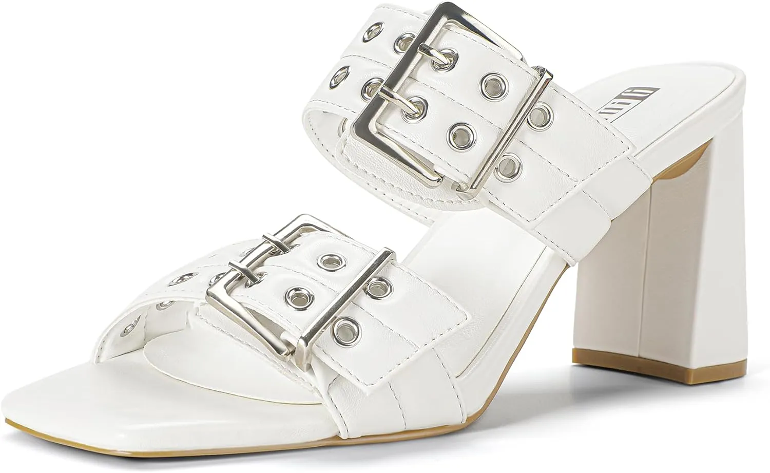 IDIFU IN3 Square Open Toe Heels Double Buckle Slip On Chunky Low Block Short Heel Sandals for Women Summer Trendy Comfortable Fashion Party Prom Dress Shoes Eyelets Belt Strap Slide Mule Heels