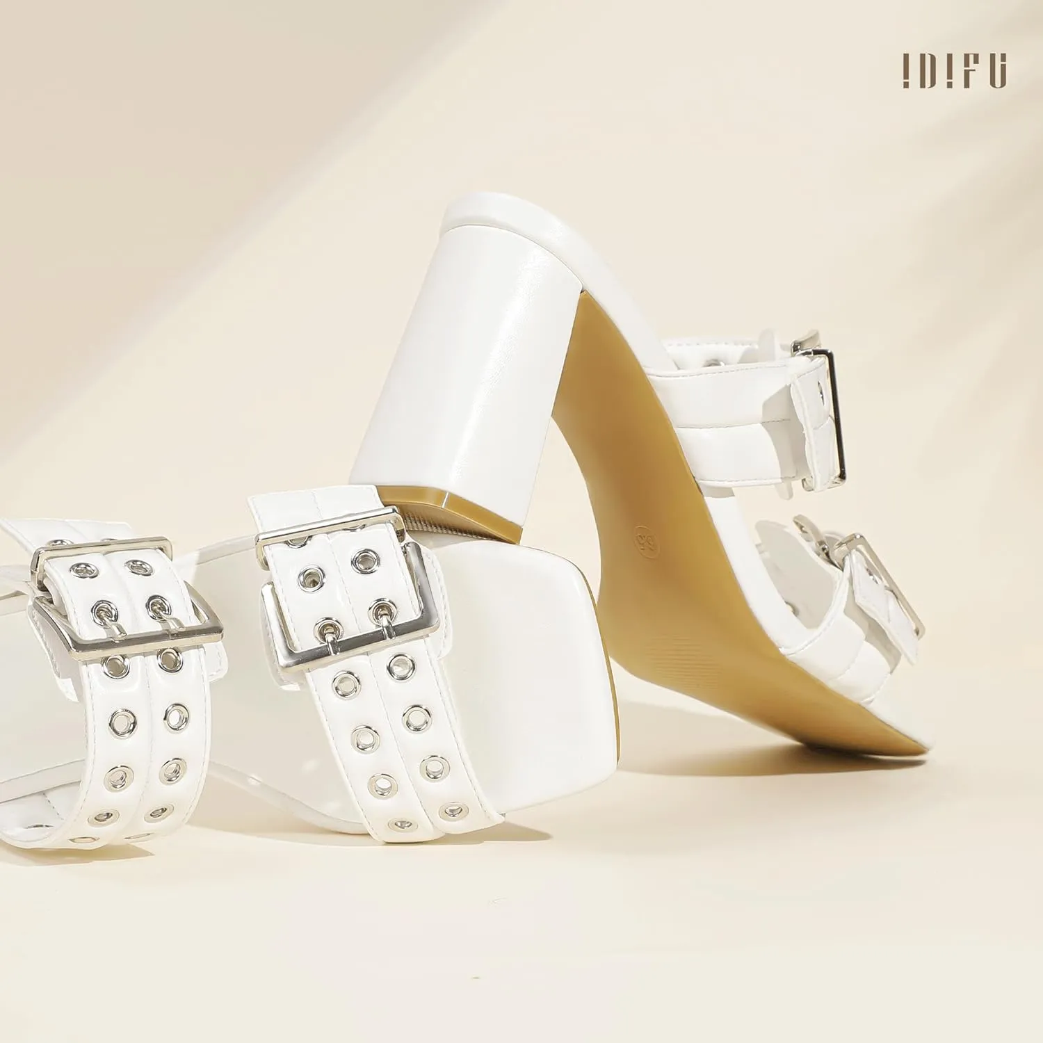 IDIFU IN3 Square Open Toe Heels Double Buckle Slip On Chunky Low Block Short Heel Sandals for Women Summer Trendy Comfortable Fashion Party Prom Dress Shoes Eyelets Belt Strap Slide Mule Heels