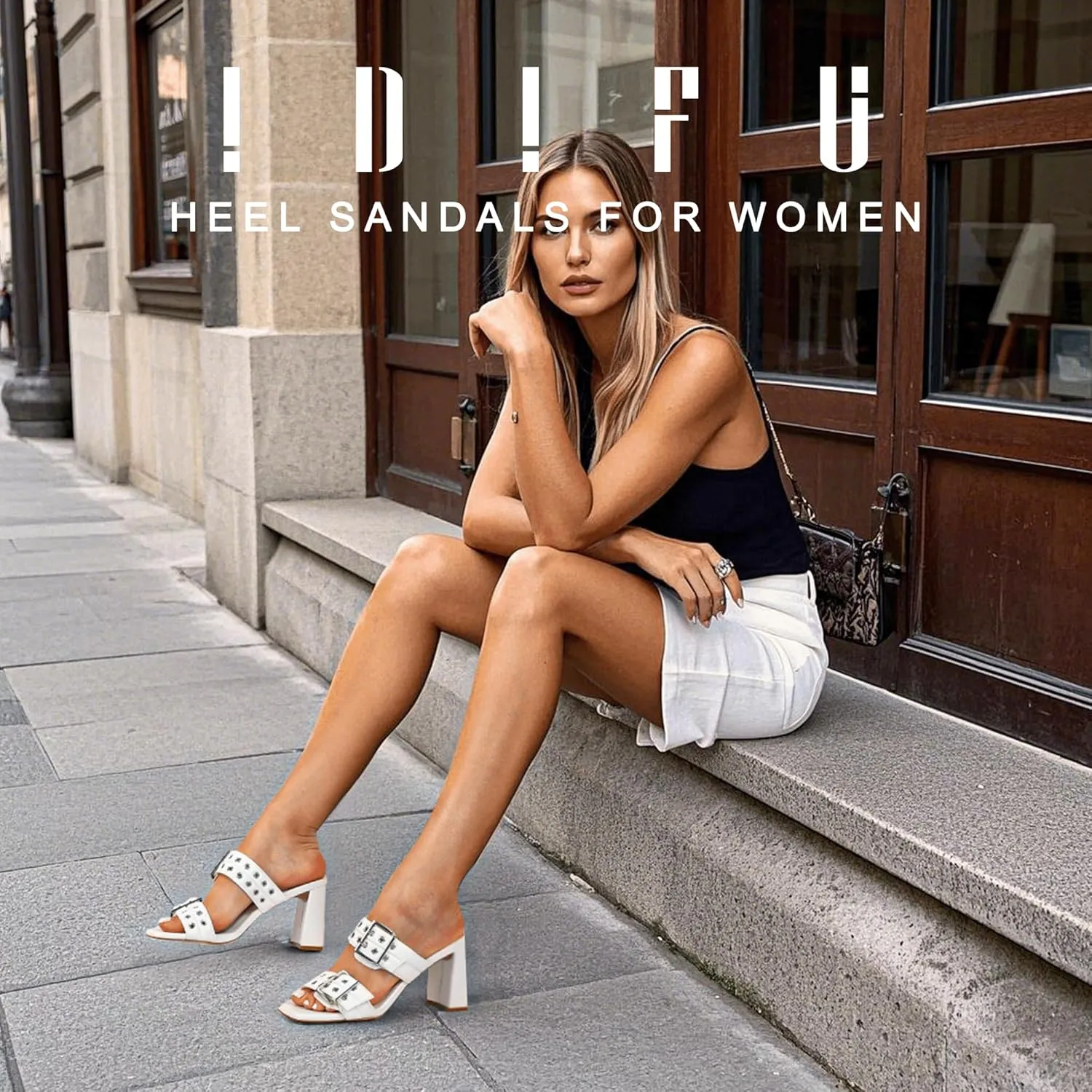 IDIFU IN3 Square Open Toe Heels Double Buckle Slip On Chunky Low Block Short Heel Sandals for Women Summer Trendy Comfortable Fashion Party Prom Dress Shoes Eyelets Belt Strap Slide Mule Heels