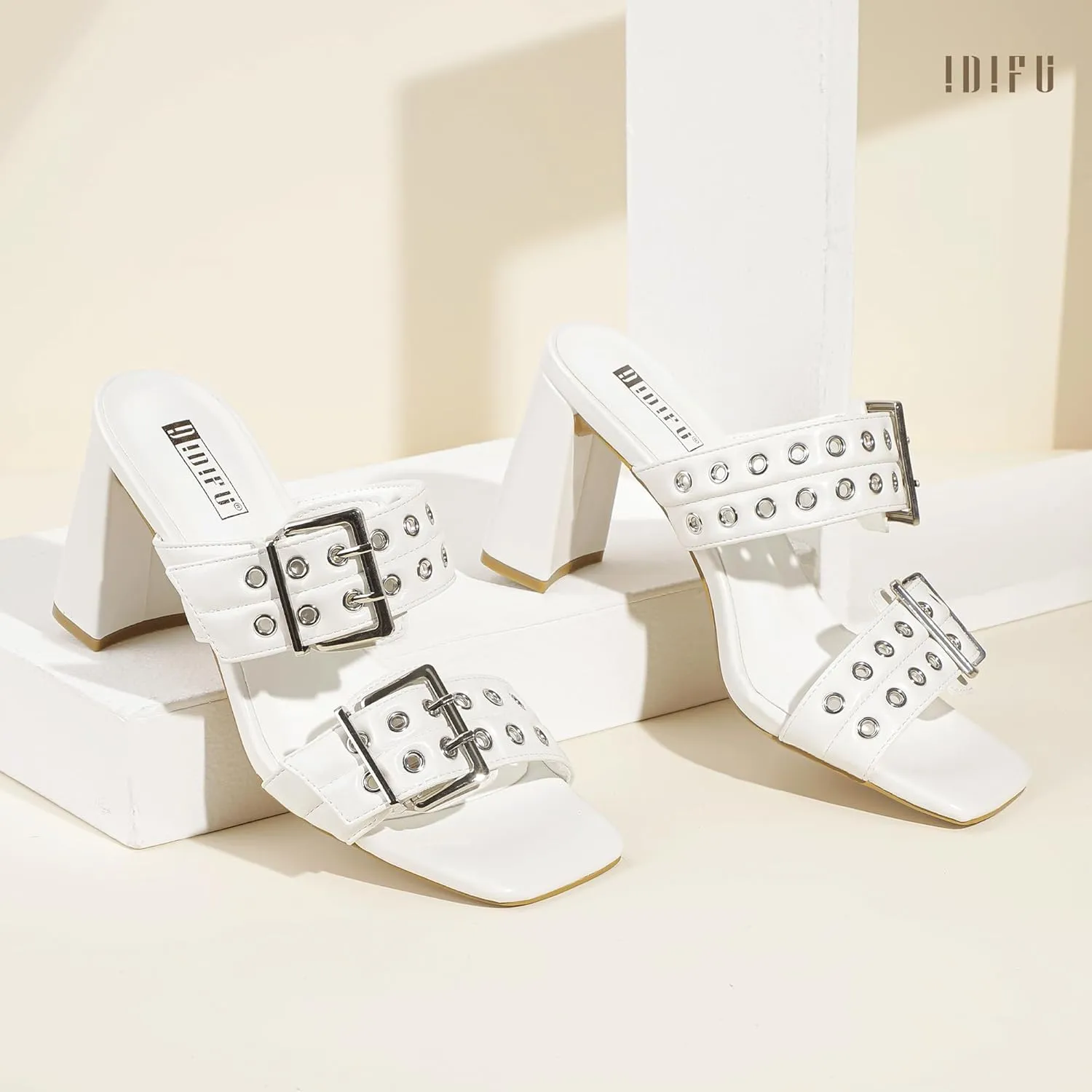 IDIFU IN3 Square Open Toe Heels Double Buckle Slip On Chunky Low Block Short Heel Sandals for Women Summer Trendy Comfortable Fashion Party Prom Dress Shoes Eyelets Belt Strap Slide Mule Heels