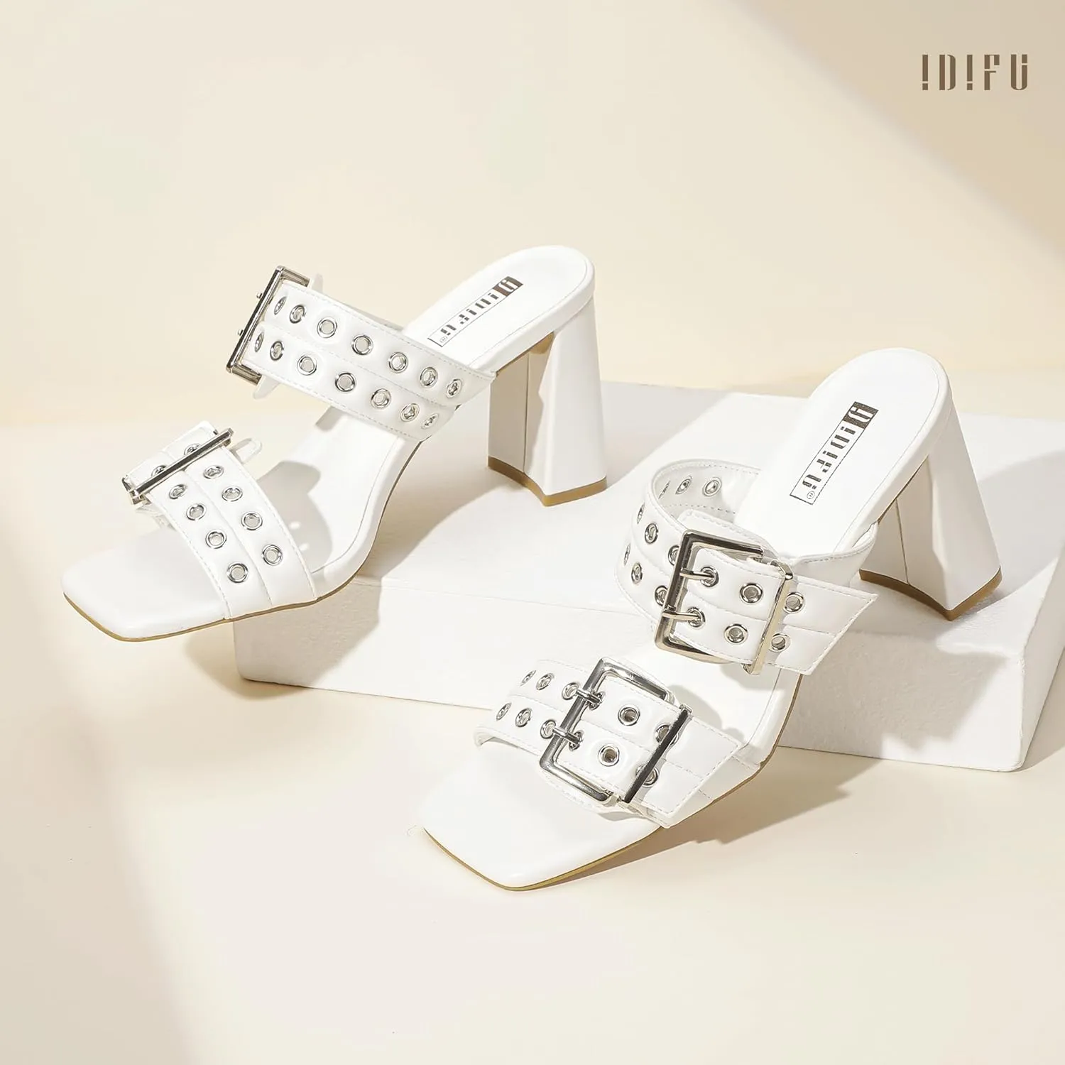 IDIFU IN3 Square Open Toe Heels Double Buckle Slip On Chunky Low Block Short Heel Sandals for Women Summer Trendy Comfortable Fashion Party Prom Dress Shoes Eyelets Belt Strap Slide Mule Heels