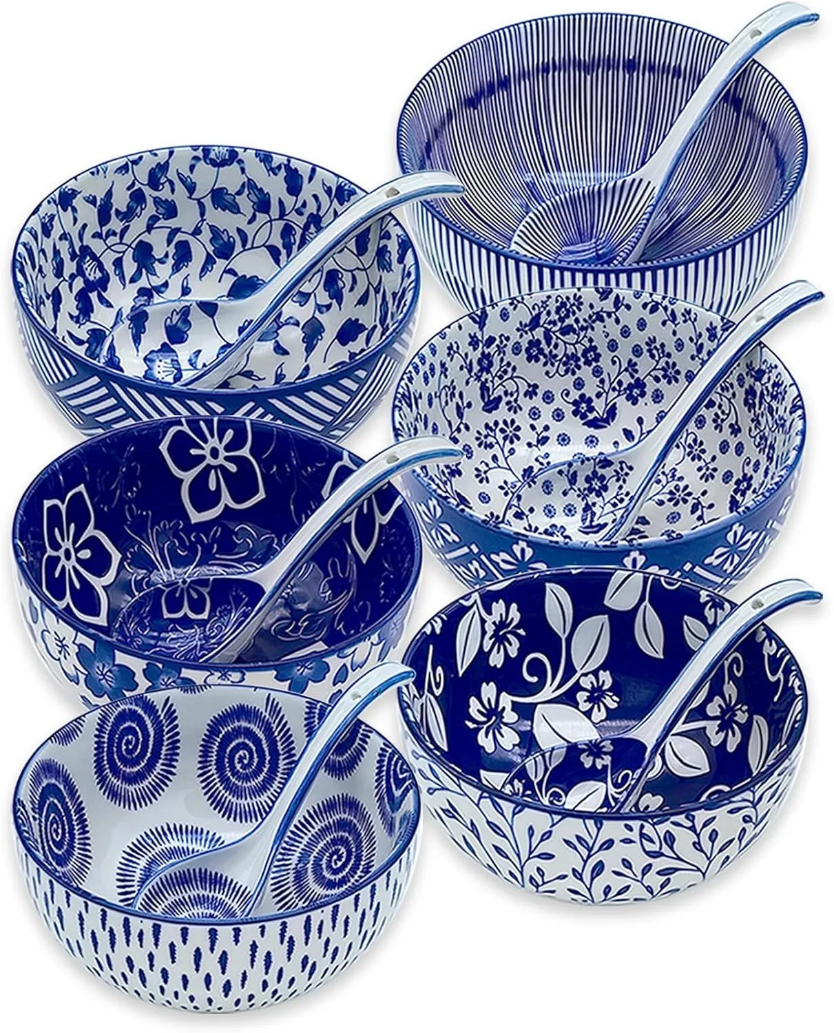 Japanese Ceramic Bowls Set of 6, 28 Oz Large Asian Porcalain Ramen Soup Salad Cereal Noodle Bowls with 6 Spoons, Deep Bowls for Kitchen Decor and Housewarming Gift, Dishwasher & Microwave Safe