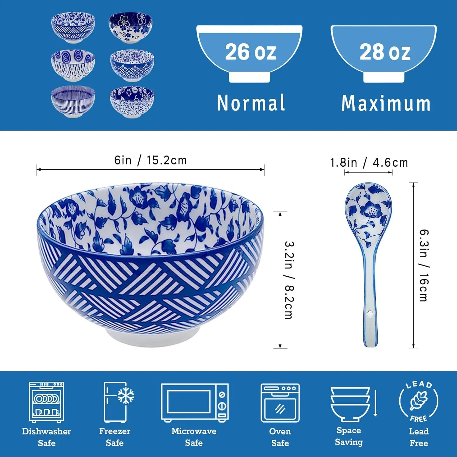 Japanese Ceramic Bowls Set of 6, 28 Oz Large Asian Porcalain Ramen Soup Salad Cereal Noodle Bowls with 6 Spoons, Deep Bowls for Kitchen Decor and Housewarming Gift, Dishwasher & Microwave Safe