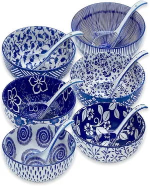 Japanese Ceramic Bowls Set of 6, 28 Oz Large Asian Porcalain Ramen Soup Salad Cereal Noodle Bowls with 6 Spoons, Deep Bowls for Kitchen Decor and Housewarming Gift, Dishwasher & Microwave Safe