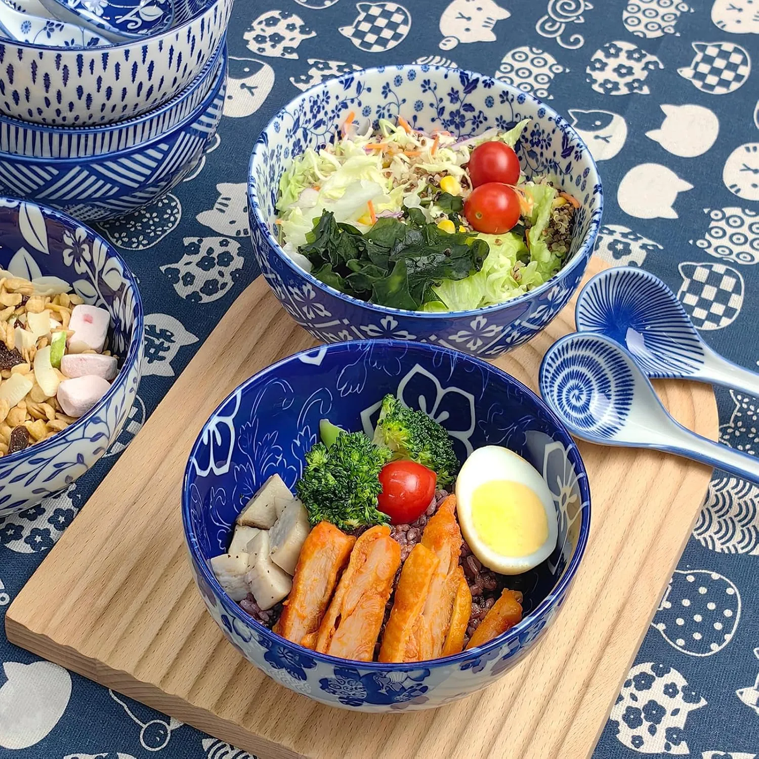 Japanese Ceramic Bowls Set of 6, 28 Oz Large Asian Porcalain Ramen Soup Salad Cereal Noodle Bowls with 6 Spoons, Deep Bowls for Kitchen Decor and Housewarming Gift, Dishwasher & Microwave Safe