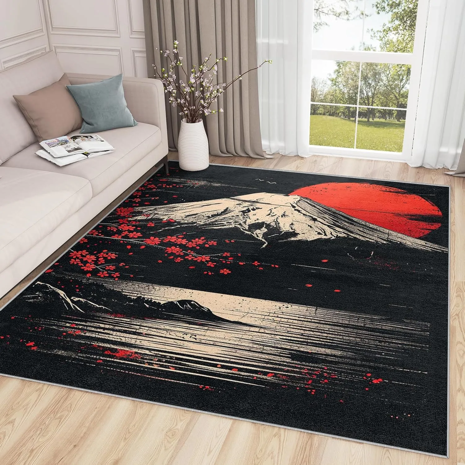 Japanese Rug 5x7-4x6 Rug - Japanese Rug - Japan Mount Fuji Landscape Area Rug - Sun and Mountain Rugs - Black and Red Carpet - Home Decor