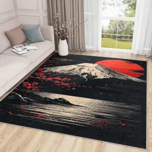 Japanese Rug 5x7-4x6 Rug - Japanese Rug - Japan Mount Fuji Landscape Area Rug - Sun and Mountain Rugs - Black and Red Carpet - Home Decor